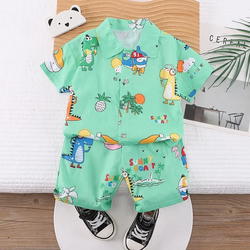 Wholesale Kids Baby Boys Casual Cute Cartoon Print Short Sleeve Lapel Shirt Shorts Sets - Image 28