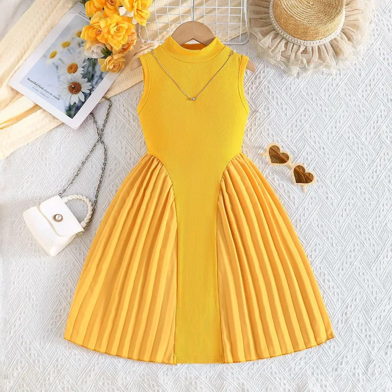 Wholesale Kids Girl'S Fashion Elegant Solid Color Pleated Stitching Sleeveless Dress - Image 8