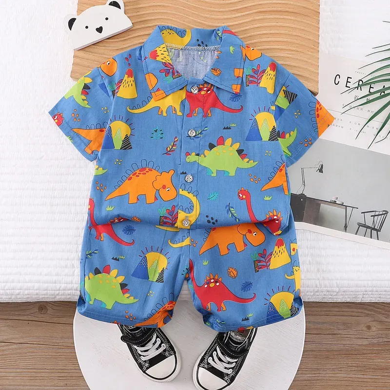 Wholesale Kids Baby Boys Casual Cute Cartoon Print Short Sleeve Lapel Shirt Shorts Sets - Image 14