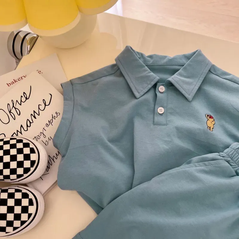 Wholesale Kids Casual Cartoon Embroidery Lapel Sleeveless Loose Top And Elastic Waist Shorts Set - Image 4