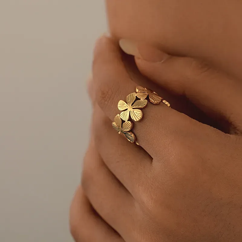 Wholesale Women Simple Geometric Leaf Heart-Shaped Titanium Steel Open Ring - Image 5