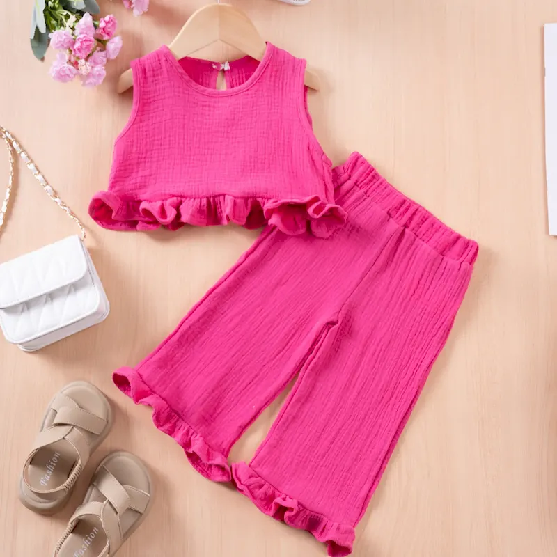 Wholesale Girl'S Fashionable Two-Piece Sleeveless Ruffled Top And Wide-Leg Pants Set - Image 9
