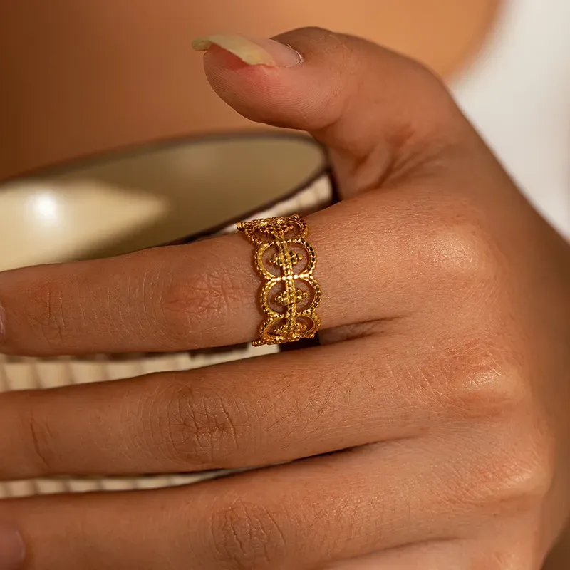 Wholesale Women Simple Geometric Leaf Heart-Shaped Titanium Steel Open Ring - Image 3