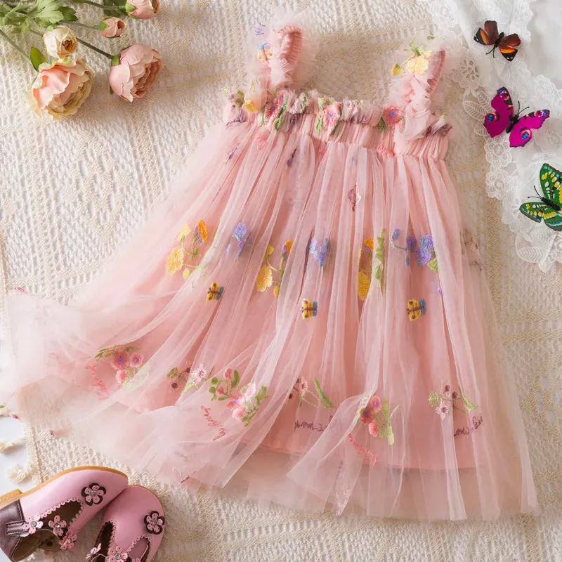 Wholesale Kids Girls Fashion Elegant Floral Embroidered Butterfly Mesh Flying Sleeve Dress - Image 12
