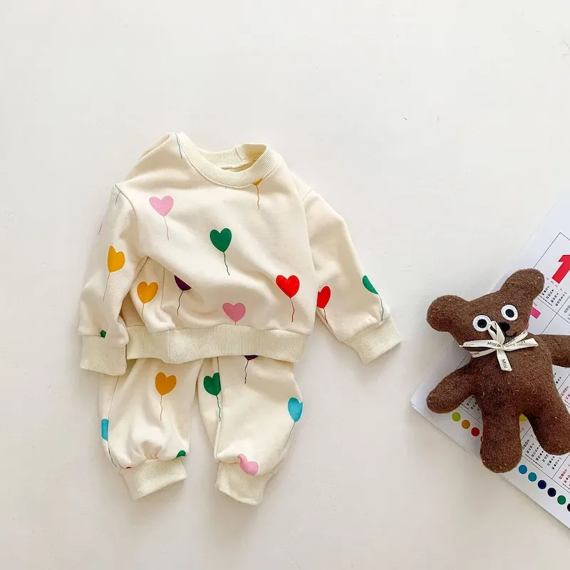 Wholesale Kids Baby Boys Girls Casual Cute Heart Print Long Sleeve Sweatshirts Pants Sets - Image 5
