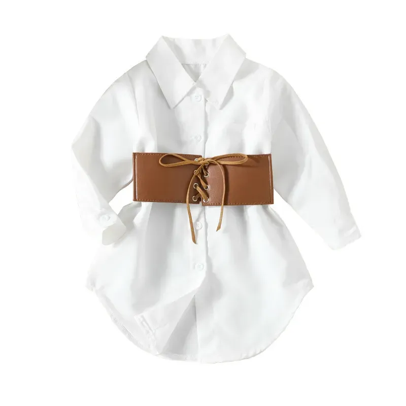 Wholesale Children Kids Toddler Girls Solid Color Lapel White Dresss And Belt 2pcs Set - Image 6