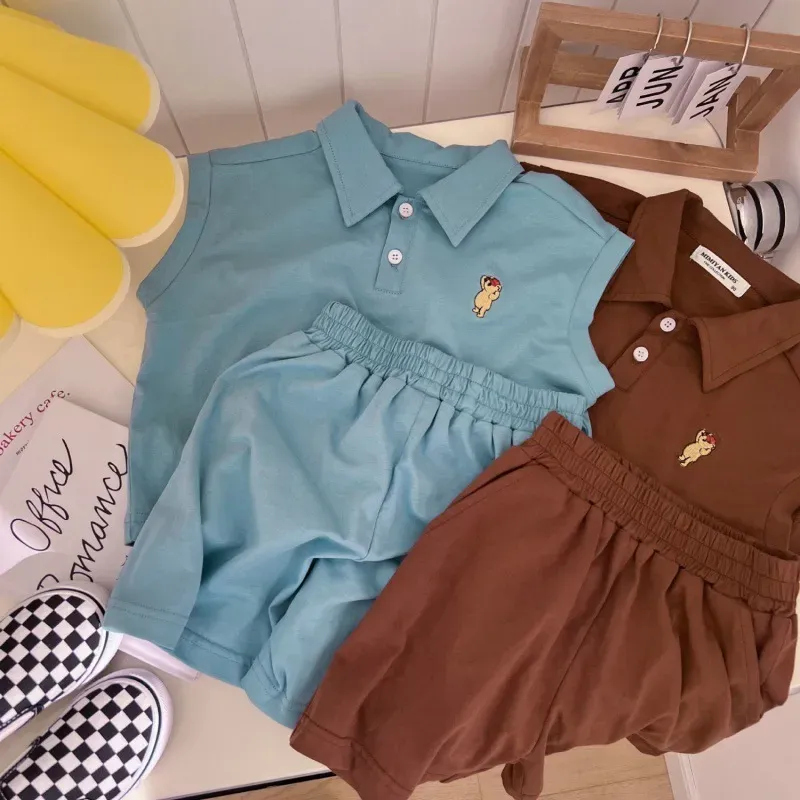 Wholesale Kids Casual Cartoon Embroidery Lapel Sleeveless Loose Top And Elastic Waist Shorts Set - Image 3