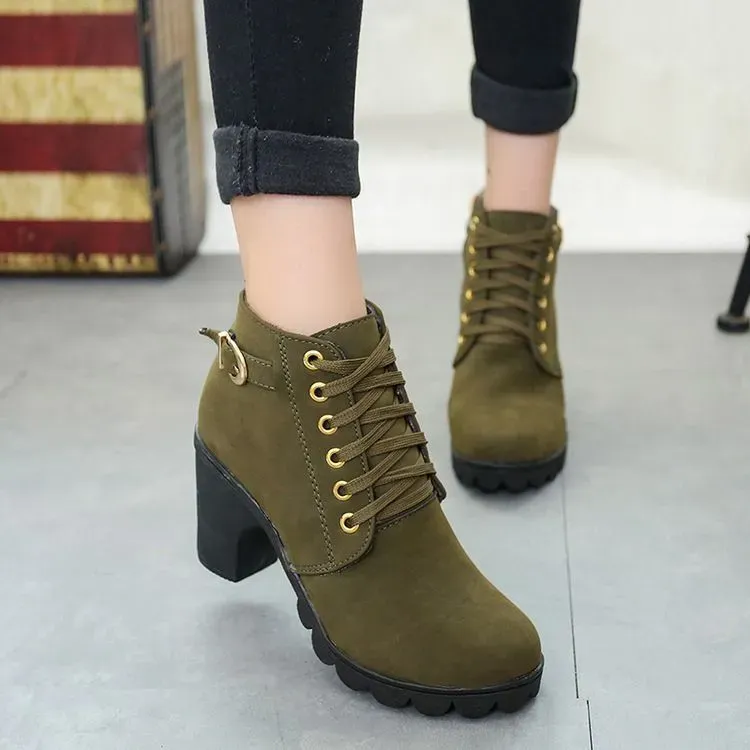 Size 4.5-10 Autumn Women Round Toe Lace-Up Chunky Heel Short Boots - Image 4