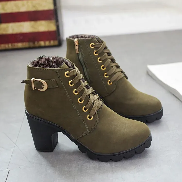 Size 4.5-10 Autumn Women Round Toe Lace-Up Chunky Heel Short Boots - Image 5