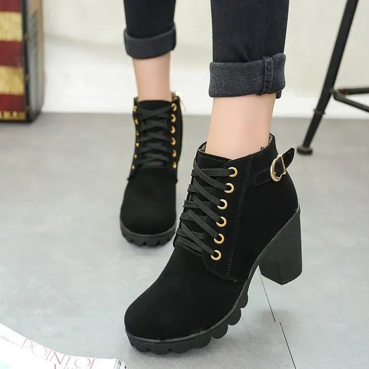 Size 4.5-10 Autumn Women Round Toe Lace-Up Chunky Heel Short Boots - Image 7