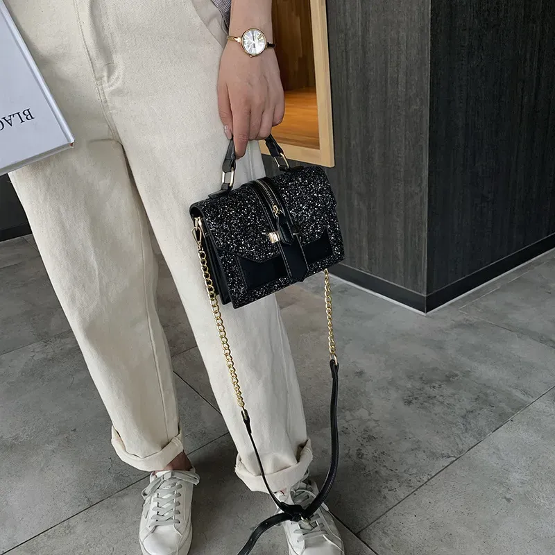 Women Chic Sequin Design Crossbody Handle Square Bag - Image 3