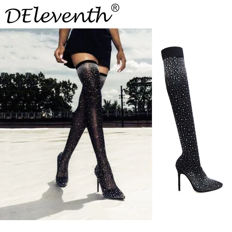 Fashion Women Rhinestone Design Stiletto High Heel Over The Knee Sock Boots