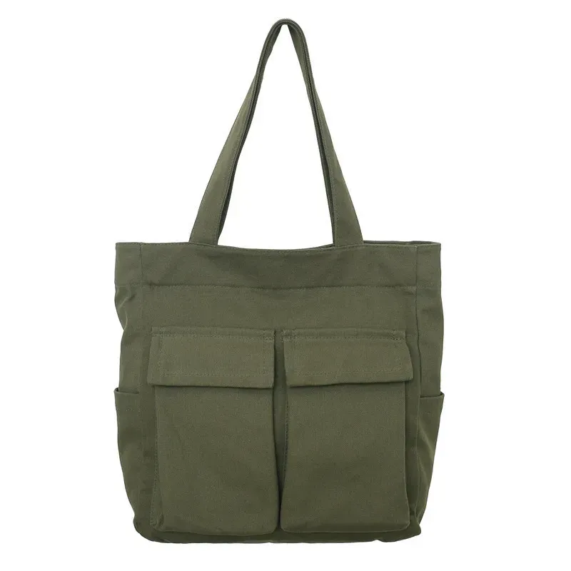 Women Casual Multi Pocket Design Solid Color Canvas Large Capacity Shoulder Handle Tote Bag - Image 5