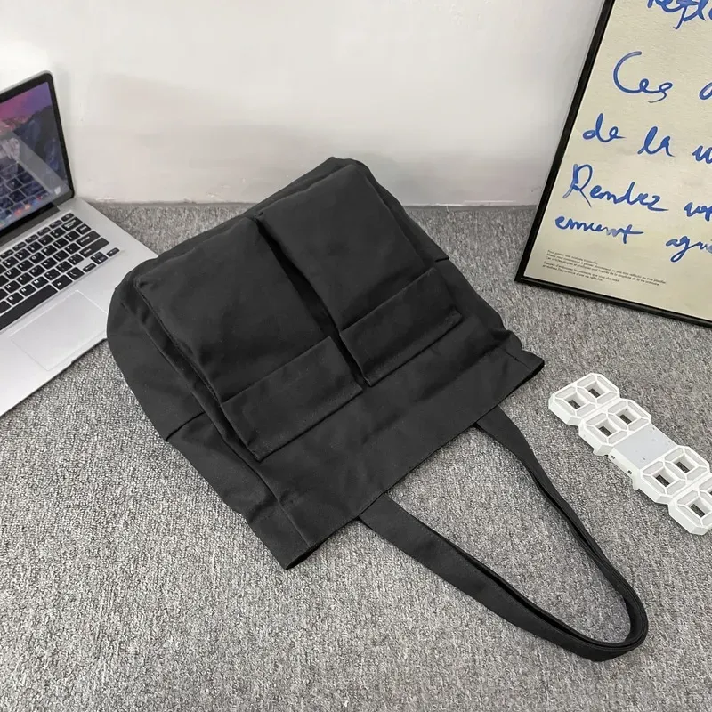 Women Casual Multi Pocket Design Solid Color Canvas Large Capacity Shoulder Handle Tote Bag - Image 7