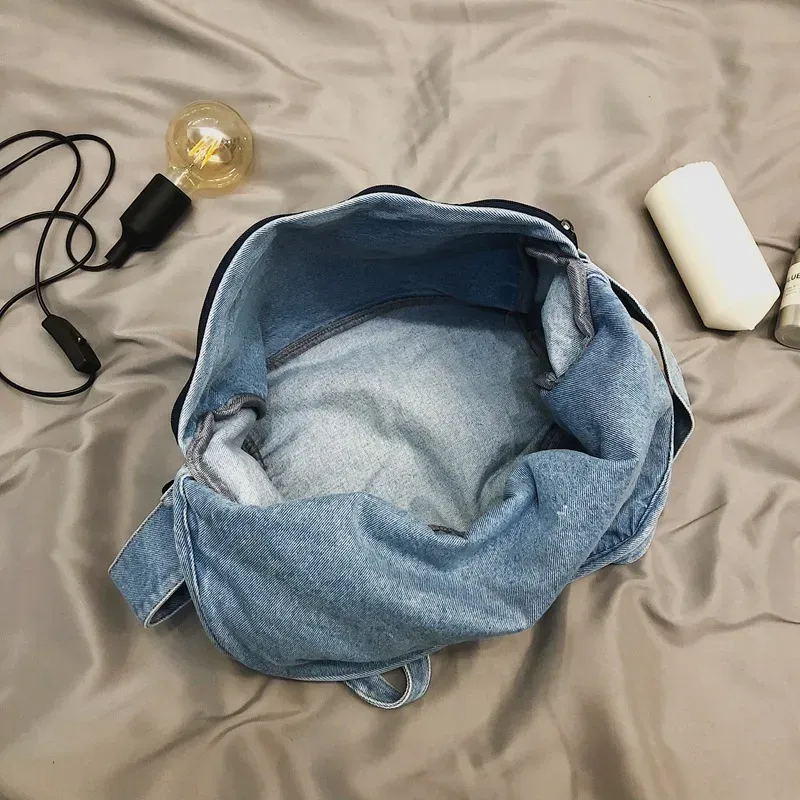 Retro Washed Denim Women Casual Zipper Design Solid Color Large Capacity Shoulder Handle Bag - Image 4