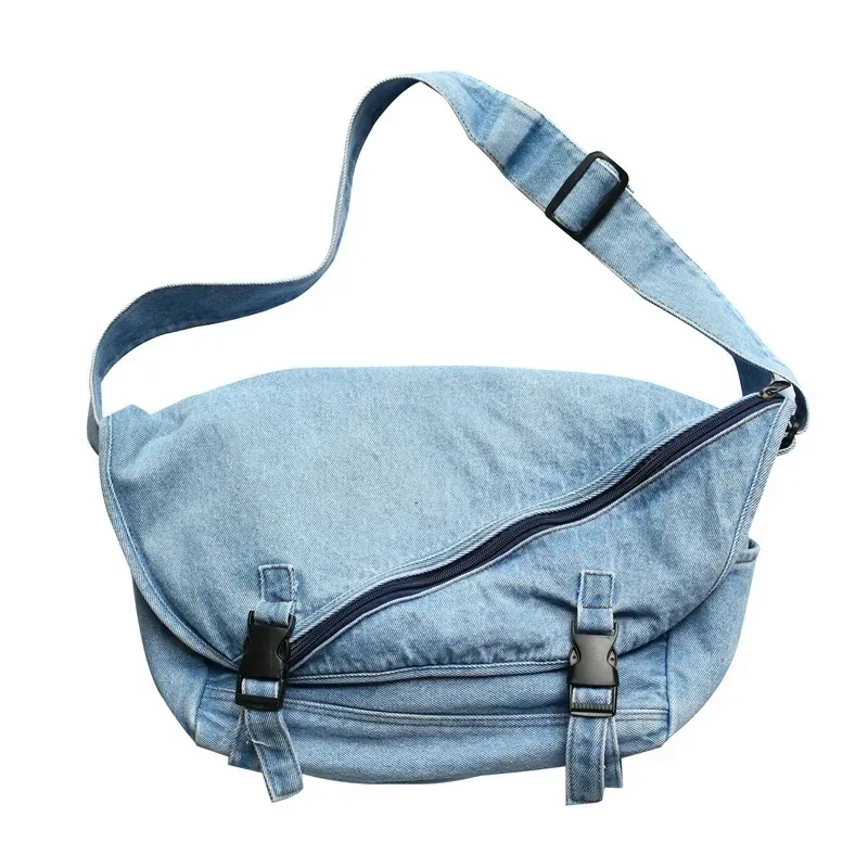 Retro Washed Denim Women Casual Zipper Design Solid Color Large Capacity Shoulder Handle Bag - Image 5