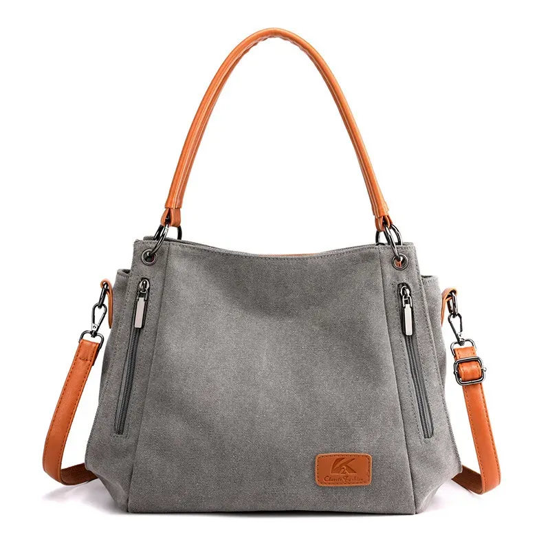Women Casual Zipper Design Color Blocking Canvas Large Capacity Shoulder Handle Bag