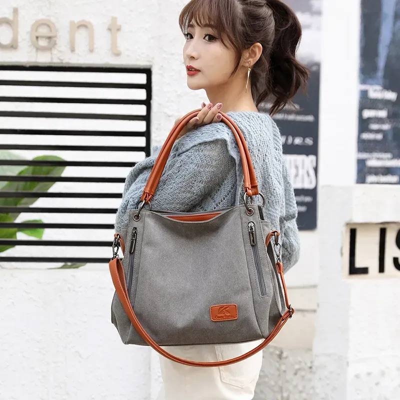 Women Casual Zipper Design Color Blocking Canvas Large Capacity Shoulder Handle Bag - Image 4