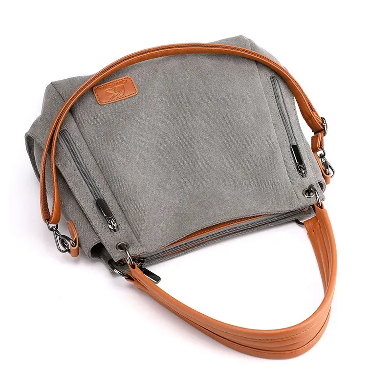 Women Casual Zipper Design Color Blocking Canvas Large Capacity Shoulder Handle Bag - Image 5