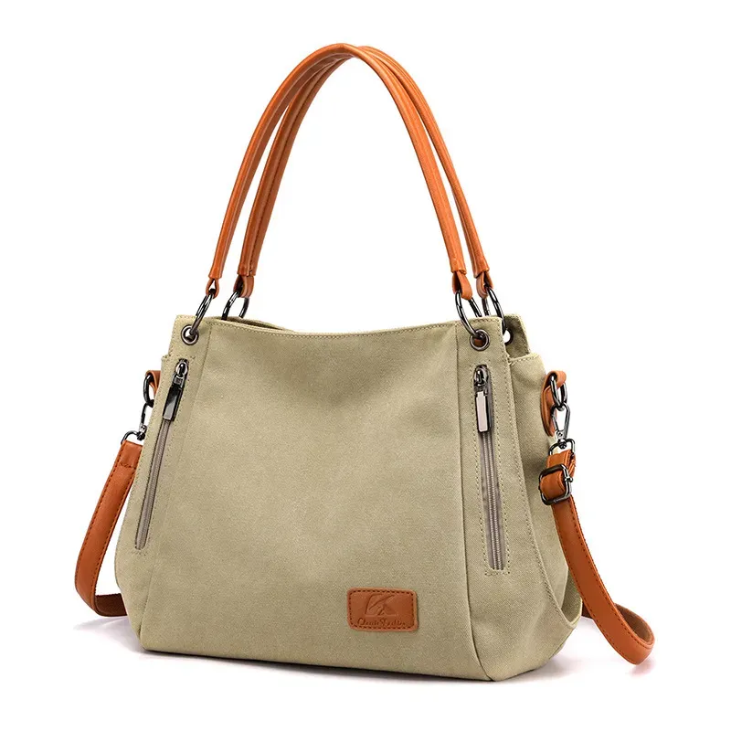 Women Casual Zipper Design Color Blocking Canvas Large Capacity Shoulder Handle Bag - Image 6