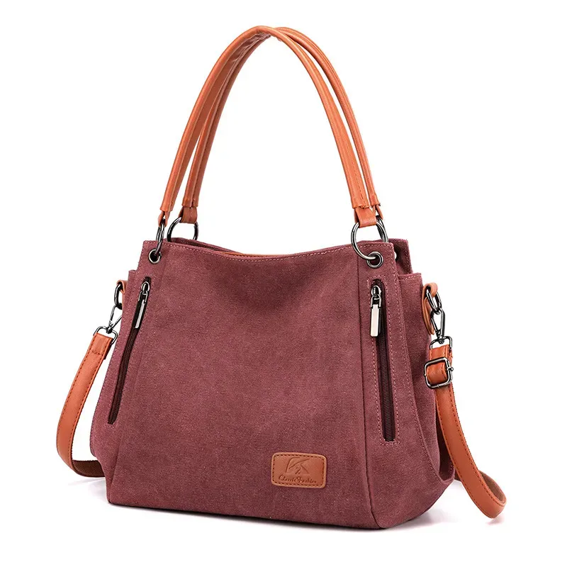 Women Casual Zipper Design Color Blocking Canvas Large Capacity Shoulder Handle Bag - Image 9