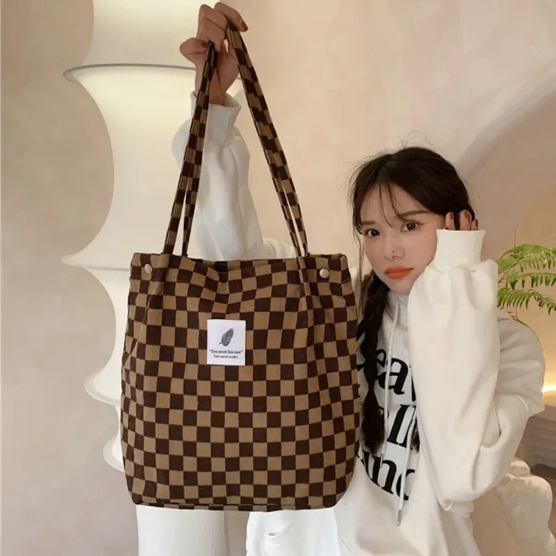 Women Casual Vintage Plaid Pattern Large Capacity Canvas Tote Bag