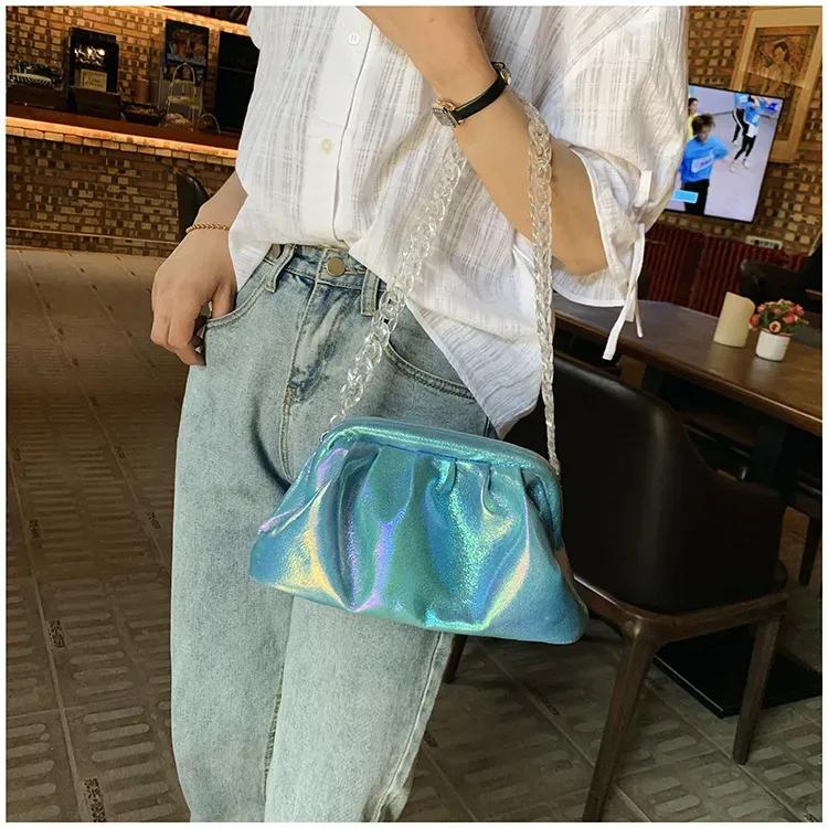 Women Fashion Crease Design Acrylic Chain Laser PU Crossbody Bag - Image 4