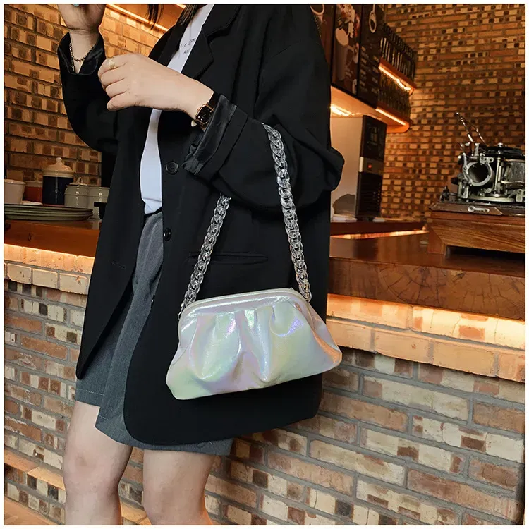 Women Fashion Crease Design Acrylic Chain Laser PU Crossbody Bag - Image 5