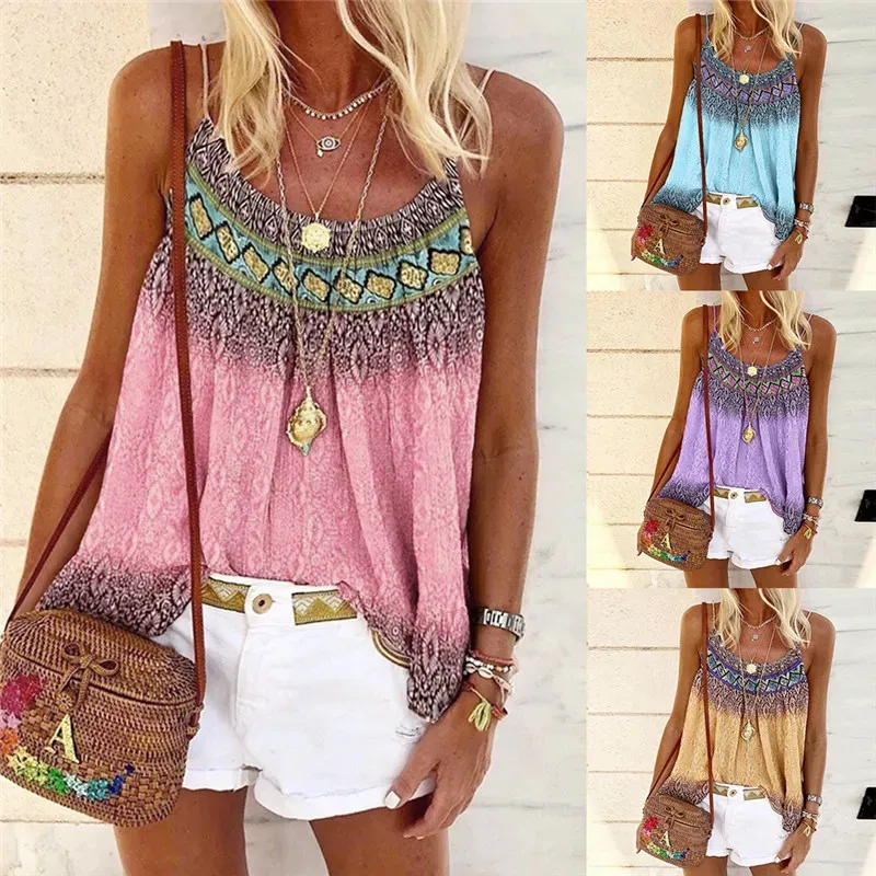 Women Vintage Casual Summer Sleeveless Loose Bohemian Print Tank Top