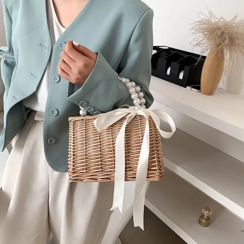 Women Casual Chic Pearl Chain Decorative Woven Design Straw Handle Bag - Image 3
