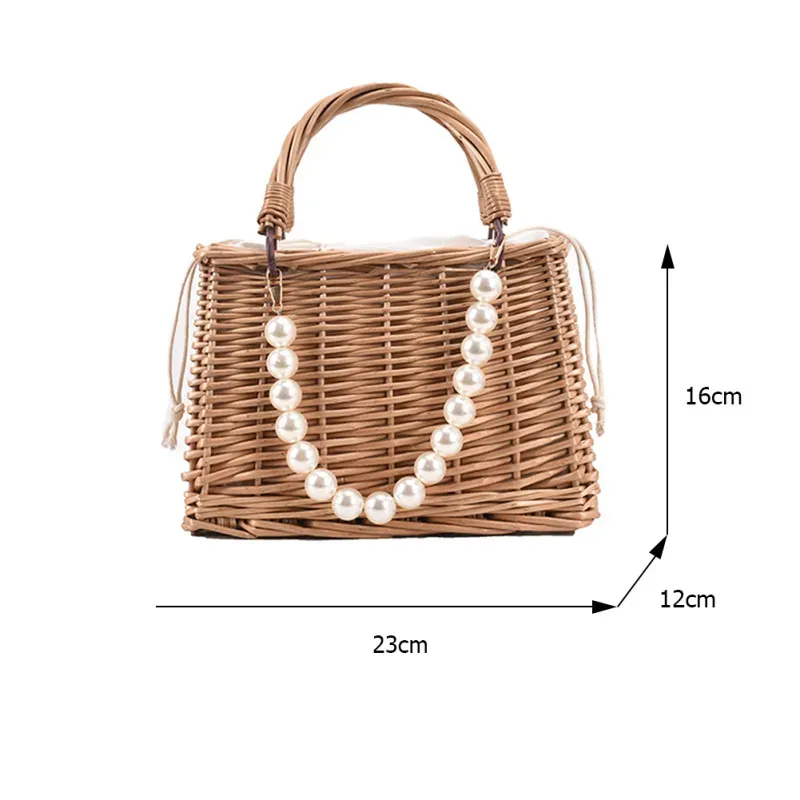 Women Casual Chic Pearl Chain Decorative Woven Design Straw Handle Bag - Image 6