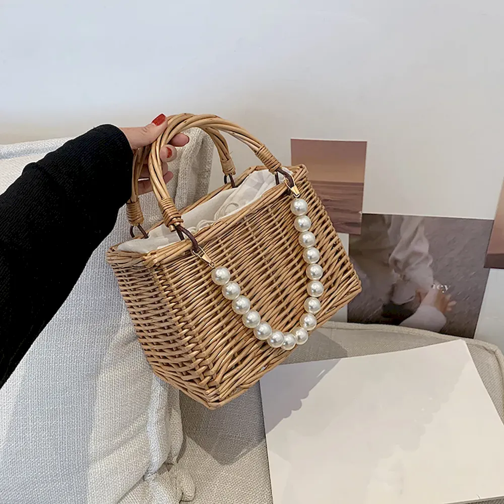 Women Casual Chic Pearl Chain Decorative Woven Design Straw Handle Bag - Image 9