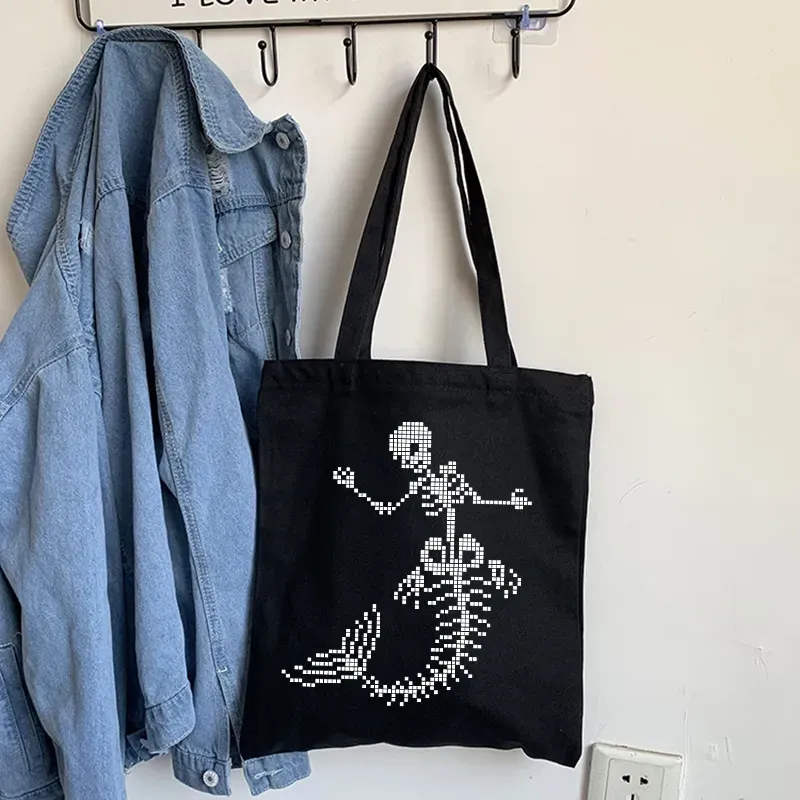 Women Casual Basic Skull Pattern Large Capacity Canvas Tote Bag - Image 3