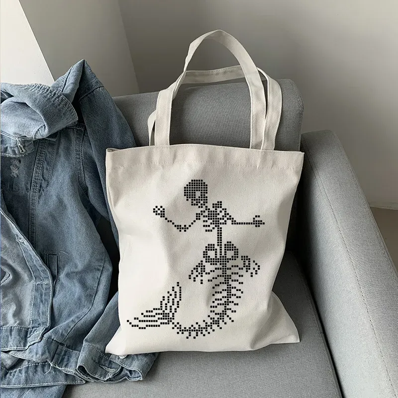 Women Casual Basic Skull Pattern Large Capacity Canvas Tote Bag - Image 4
