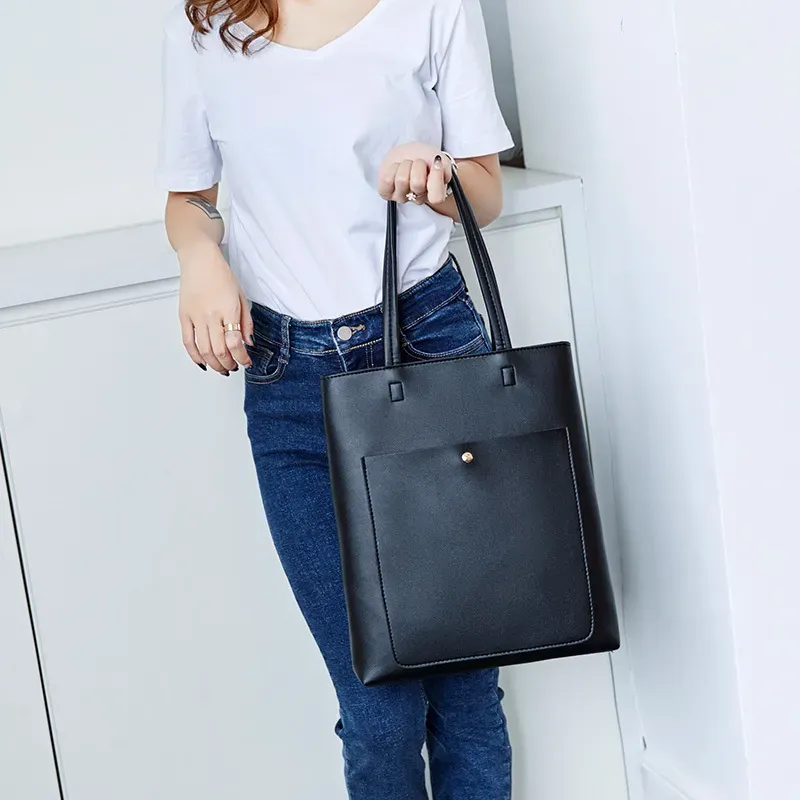 Women Fashion Basic Magnetic Buckle Zipper Design Solid Color Large Capacity PU Tote Bag - Image 5