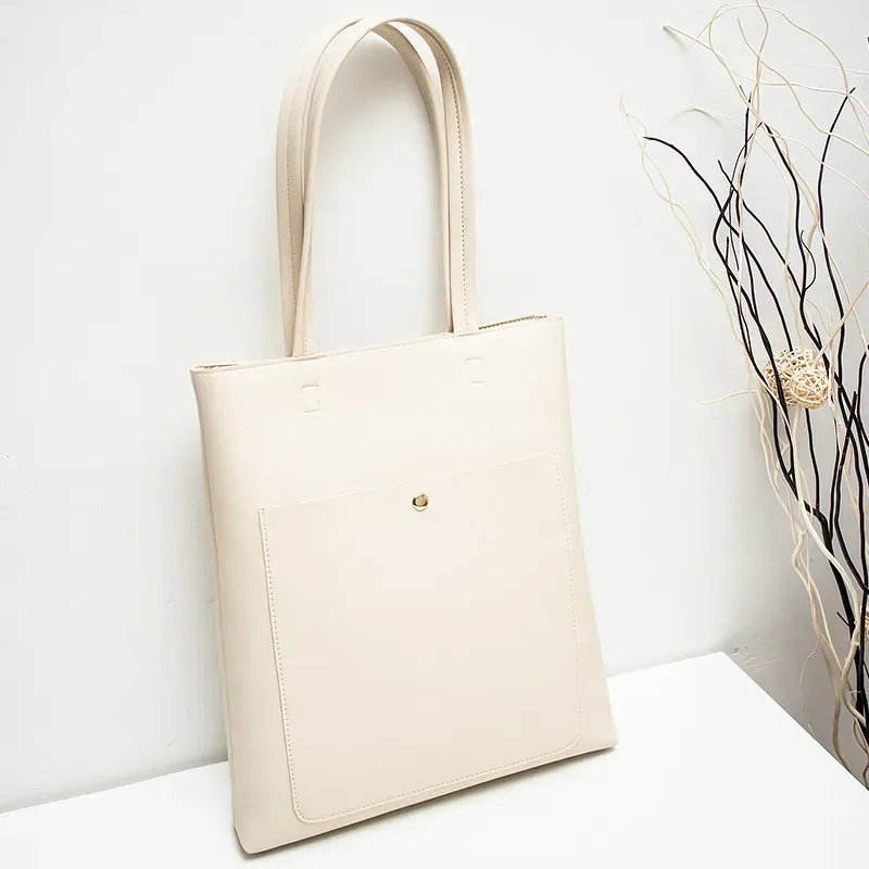 Women Fashion Basic Magnetic Buckle Zipper Design Solid Color Large Capacity PU Tote Bag - Image 7