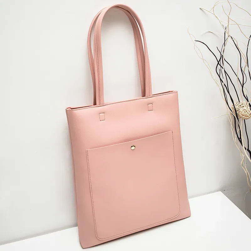 Women Fashion Basic Magnetic Buckle Zipper Design Solid Color Large Capacity PU Tote Bag - Image 10