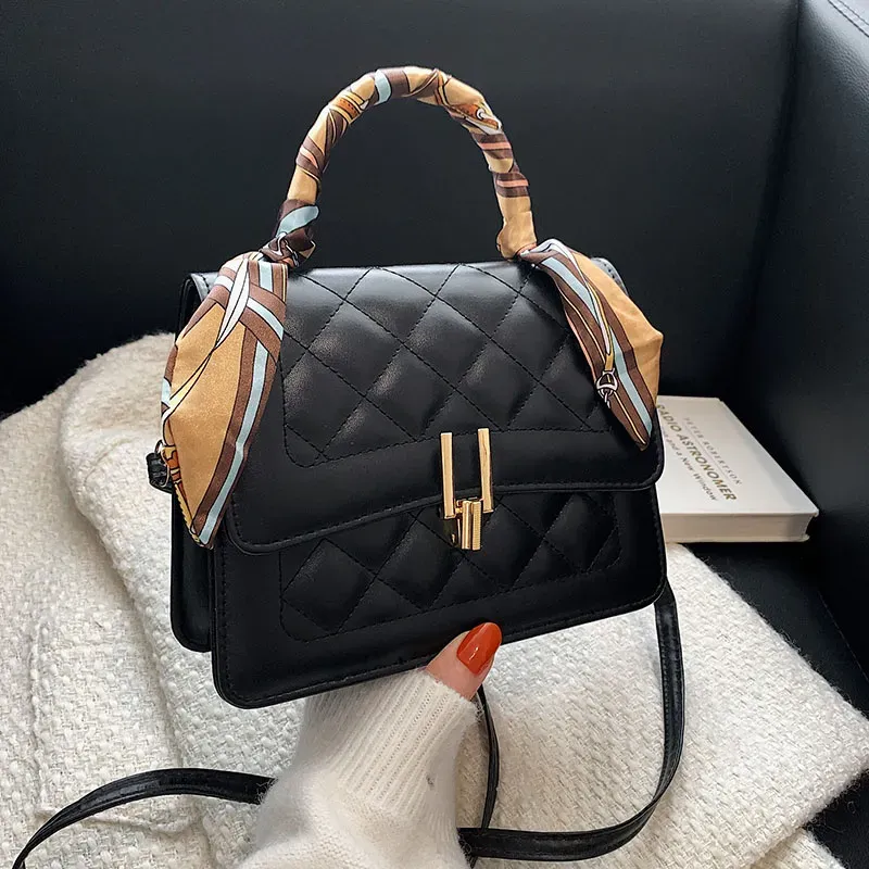 Women Elegant Silk Scarf Decorated Flap Buckle Design Rhombus Stitching Solid Color PU Crossbody Bag