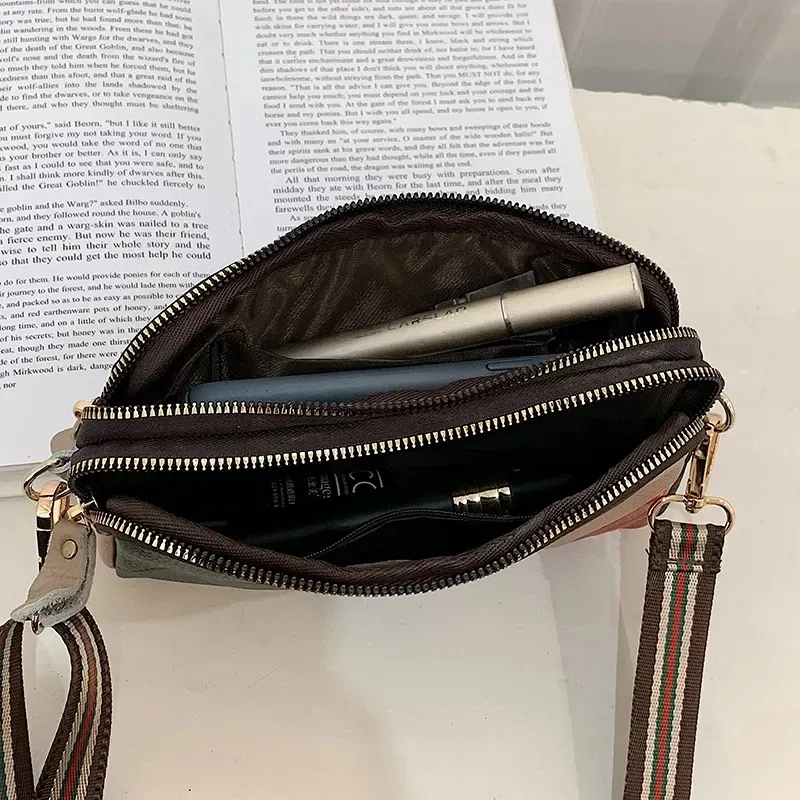 Women Casual Striped Color Blocking Zip Design PU Crossbody Bag - Image 6