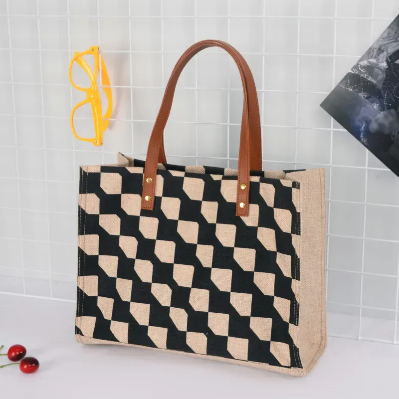 Women Casual Plaid Patchwork Design Large Capacity Cotton Linen Shoulder Bag