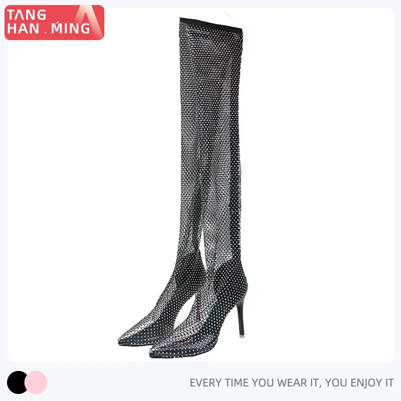Women Fashion Rhinestone Mesh Over The Knee Boots