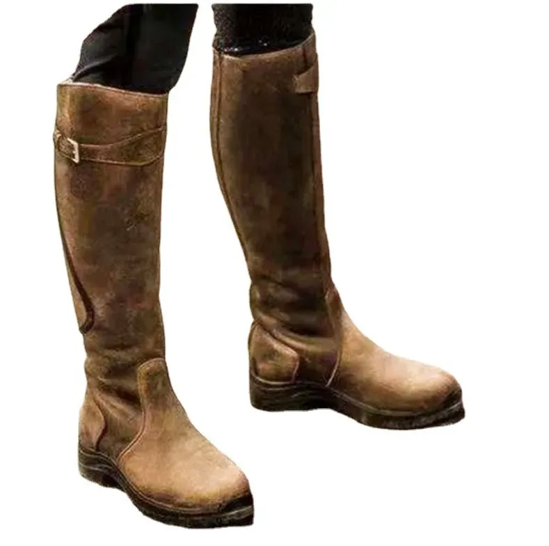 Women Fashion Round Toe Solid Color Pu Flat Side Zipper Knee High Boots Combat Boots - Image 3