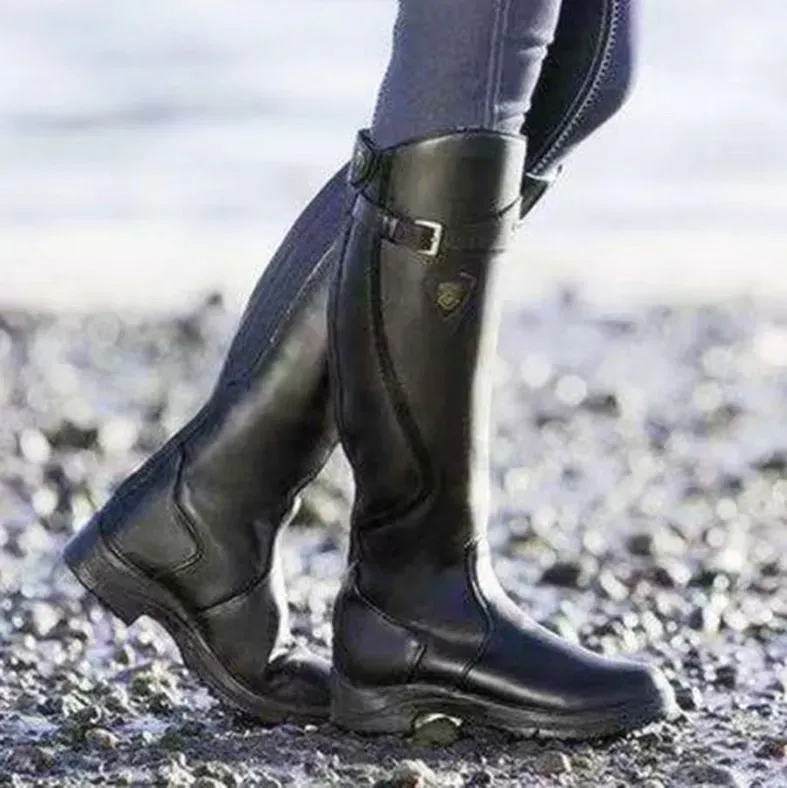 Women Fashion Round Toe Solid Color Pu Flat Side Zipper Knee High Boots Combat Boots - Image 6