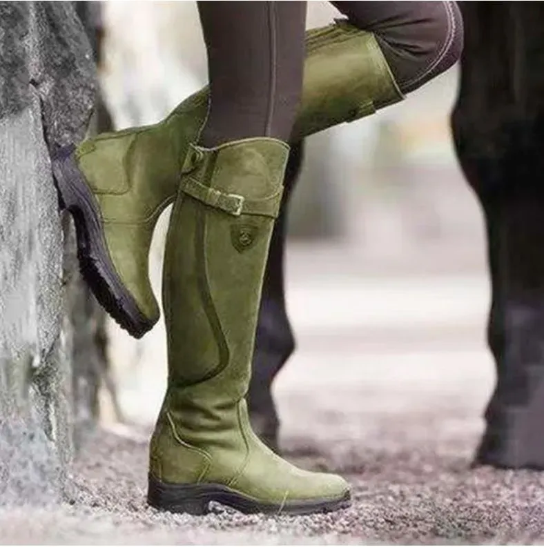 Women Fashion Round Toe Solid Color Pu Flat Side Zipper Knee High Boots Combat Boots - Image 10