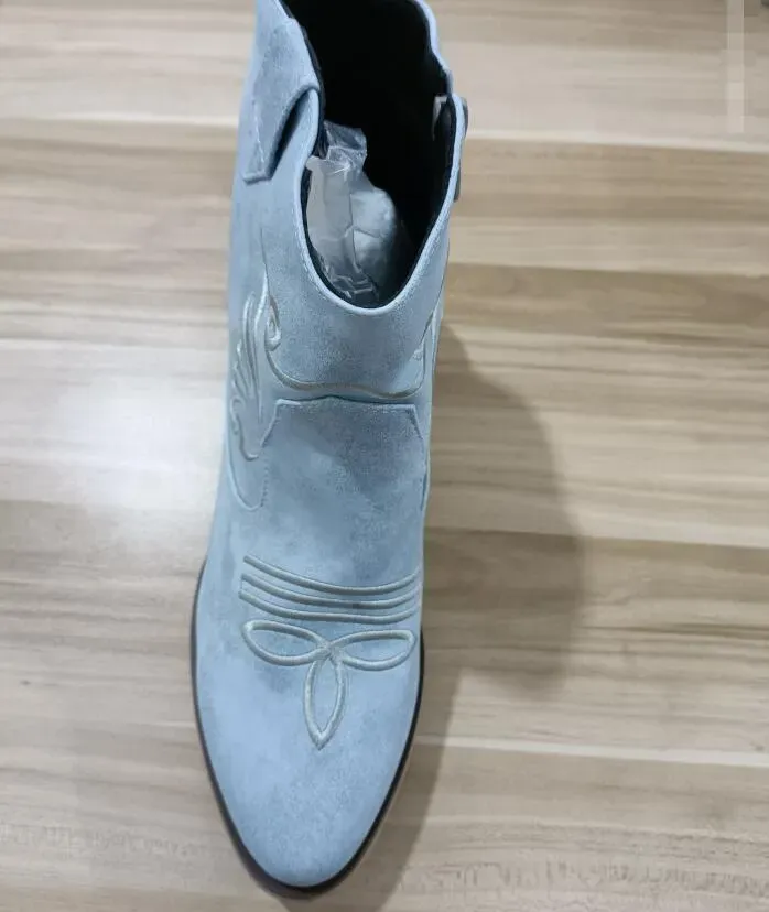 Women Fashion Round Toe Embroidered Suede Chunky Heel Slip On Short Boots Shoes - Image 3