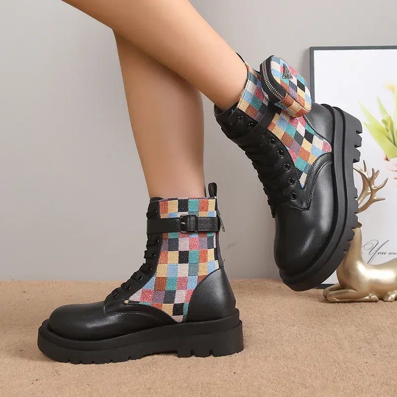 Women Fashion Lace Up Round Toe Platform Short Boots - Image 10