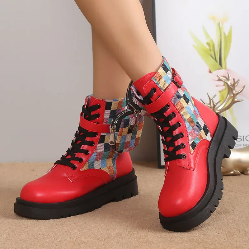 Women Fashion Lace Up Round Toe Platform Short Boots - Image 11