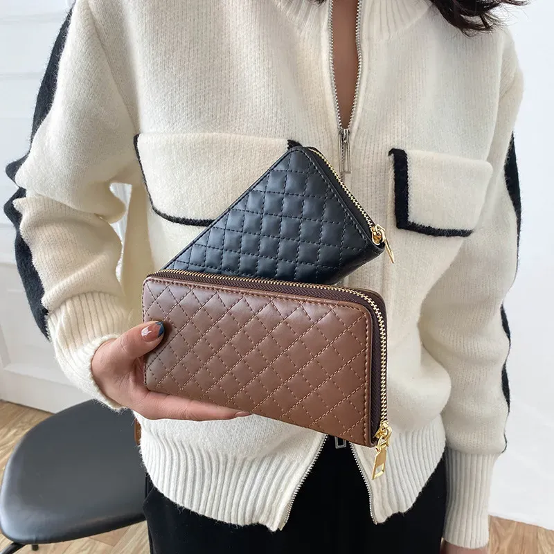 Women'S Fashion Rhombus Indentation Long Zipper Large Capacity Coin Purse