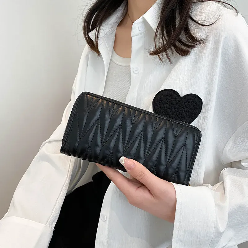 Women'S Fashion Pu Leather Embroidery Thread Solid Color Large Capacity Long Coin Purse