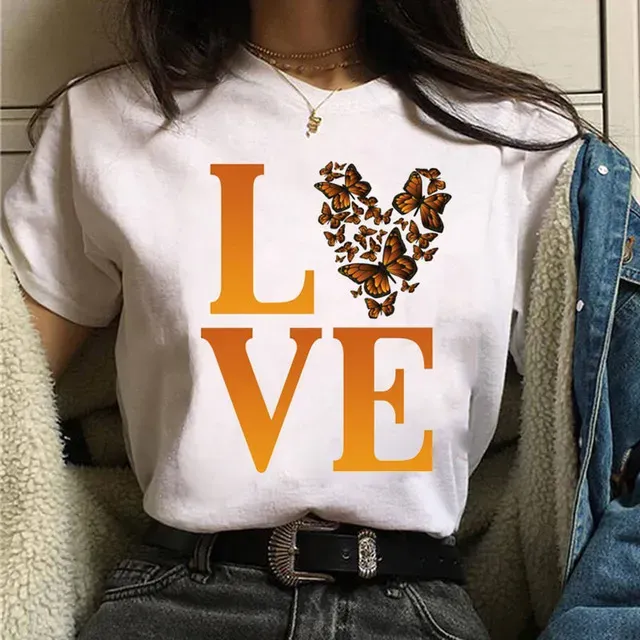 Fashion Women Basic Short Sleeve Butterfly Print Round Neck T-Shirt - Image 3